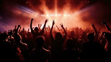 crowd cheering in front of stage lights. silhouette concept photo