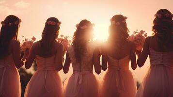 Luxury wedding blog with bridesmaids in pink and a beautiful bouquet depicting the concept of a summer wedding. silhouette concept photo