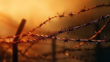 Selective Focus on wall with aged barbed wire fence. silhouette concept photo