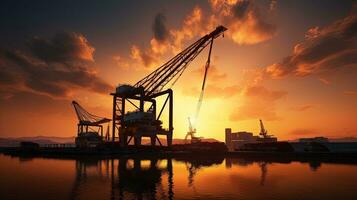 Industrial dock crane unloading during sunset creating a silhouette photo