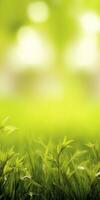 AI Generative Young juicy fresh leaves on the branches of a tree and grass in sun soft focus Spring summer landscape in nature morning green grass background copy space photo
