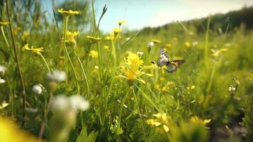 ai generativo verano amarillo prado con flores silvestres y un revoloteando mariposa natural pantalla ancha paisaje foto