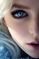 ai generativo abierto expresivo azul ojos con escarcha o nieve en pestañas macro de cerca en invierno brillante sensual expresivo artístico imagen foto