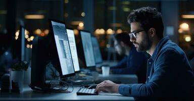A software developer immersed in work late at night, multiple screens casting a glow on his focused face photo