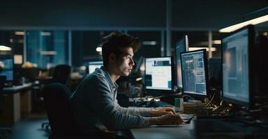A software developer immersed in work late at night, multiple screens casting a glow on his focused face photo