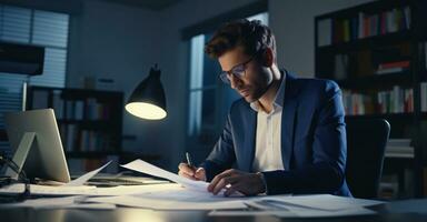 A dedicated employee is the last one in the office, working overtime at his desk photo