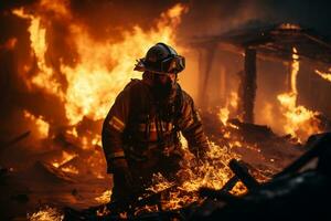 Firefighter trying to stop fire from burning buildings photo