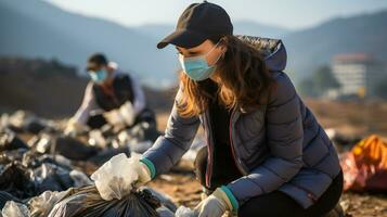 Volunteers helping by cleaning rubbish from polluted river photo