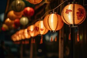 colorful paper lanterns hanging from a wooden structure photo