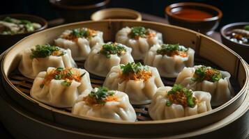 a bamboo plate of dumplings with sauce and garnish photo