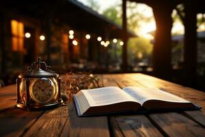 Open book on a wooden table with blurred library background eyelevel view photo