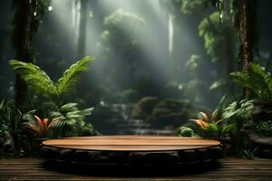 Product podium with a blurred monsoon forest background photo