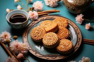 Plate of Mooncakes served with tea on blue background photo