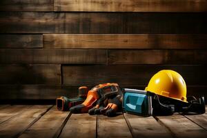 various tools and construction equipment on a wooden background photo