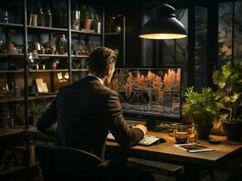 An Analyst working on his workstation with graph and figures on his monitor photo