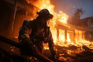 Firefighter trying to stop fire from burning buildings photo