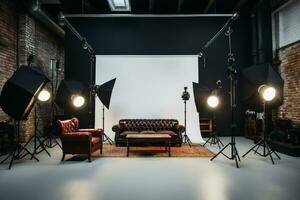a photo studio with lighting equipment and a couch