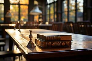 Open book on a wooden table with blurred library background eyelevel view photo