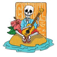 Illustration of a skeleton is playing guitar on beach in summer day. Suitable for t shirt design, sticker, poster, etc vector