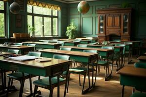 foto salón de clases interior con colegio escritorios sillas y verde tablero vacío colegio salón de clases