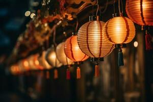 colorful paper lanterns hanging from a wooden structure photo