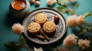 Plate of Mooncakes served with tea on blue background photo