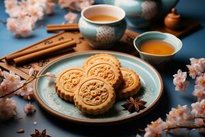 Plate of Mooncakes served with tea on blue background photo