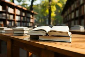 Open book on a wooden table with blurred library background eyelevel view photo