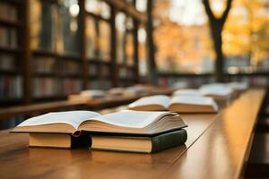 Open book on a wooden table with blurred library background eyelevel view photo