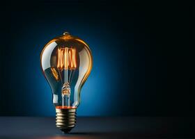 Yellow lightbulb on a blue background realistic view photo