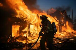 Firefighter trying to stop fire from burning buildings photo