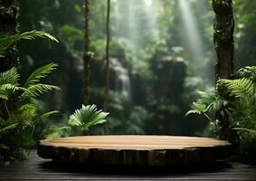 Product podium with a blurred monsoon forest background photo