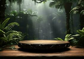 Product podium with a blurred monsoon forest background photo