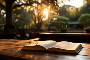 Open book on a wooden table with blurred library background eyelevel view photo