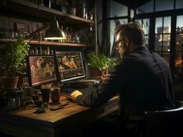 An Analyst working on his workstation with graph and figures on his monitor photo