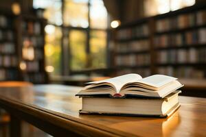 Open book on a wooden table with blurred library background eyelevel view photo