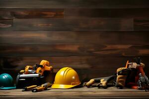 various tools and construction equipment on a wooden background photo