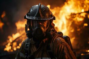 bombero molesto a detener fuego desde ardiente edificios foto