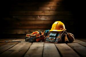 various tools and construction equipment on a wooden background photo