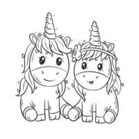 dos linda unicornios son sentado juntos dibujos animados vector para colorante