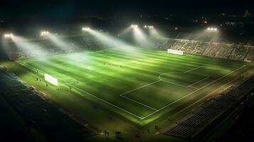 fútbol estadio a noche con brillante luces foto