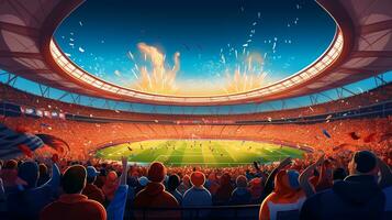 Soccer stadium with fans and fireworks at night photo