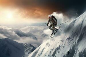 esquiador esquiar cuesta abajo en alto montañas a puesta de sol foto