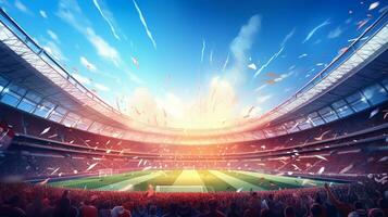 Soccer stadium with fans and fireworks at night photo