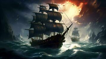 Sailing ship in stormy sea. photo