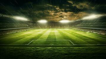 Soccer stadium at night with bright lights photo