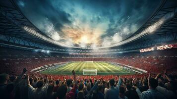 Soccer stadium with fans and fireworks at night photo