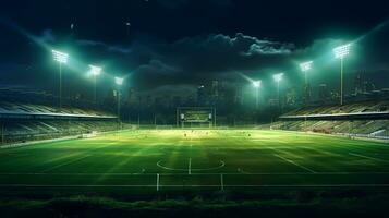 Soccer stadium at night with bright lights photo