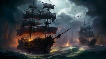 Sailing ship in stormy sea. photo