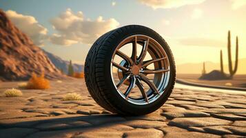 car wheel on asphalt road in the forest. photo